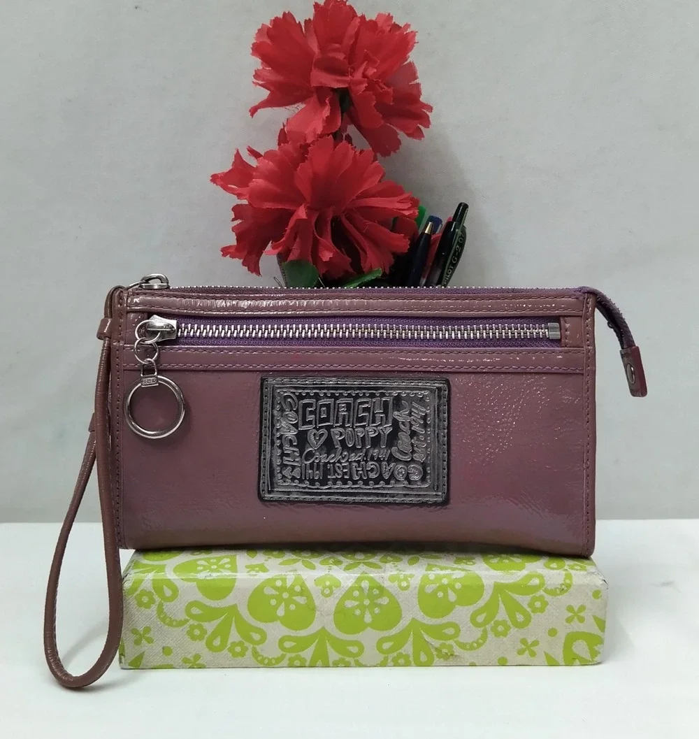 Coach Poppy Purple Patent Leather Zipper Closure Wristlet - Wallet